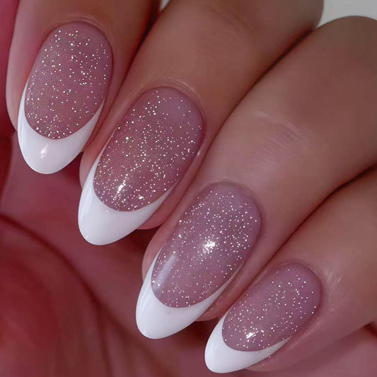 Almond Press on Nails Medium Fake Nails White French Tip Nails Press ons Glossy Glue on Nails with Glitter Designs Light Pink Stick on Nail for Women 24pcs