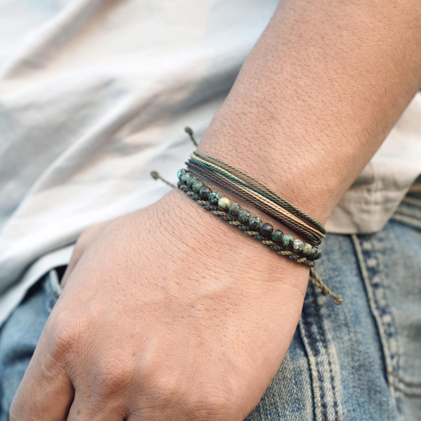 Handmade Natural Stone Beaded Healing Bracelet Gift for Men Adjustable Rope String Bracelet (African Turquoise, Adjustable)