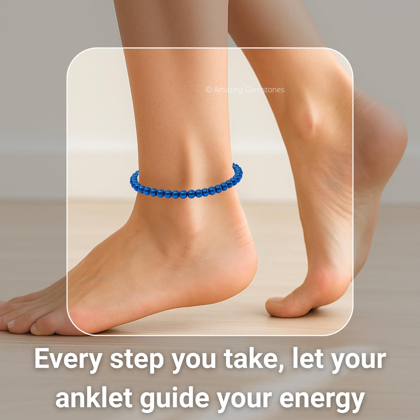Amazing Gemstone Blue Hematite Anklet Ankle Bracelets for Women - Waterproof Beaded Healing Crystal Anklets, Plus Size Chakra Gemstone Bead Anklet (Stretchy Adjustable - Plain)