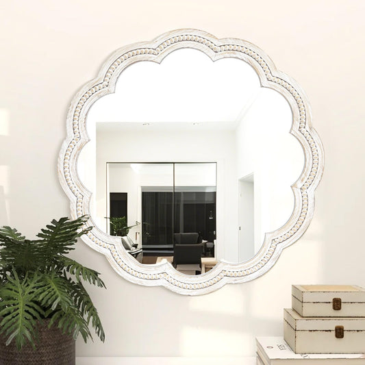 UPPER DECOR 30 Inch Round Wall Mirror, Whitewashed Wooden Frame with Scalloped Edge & Beaded Trim, Decorative Farmhouse Boho Mirror for Bedroom, Bathroom, Living Room, Entryway