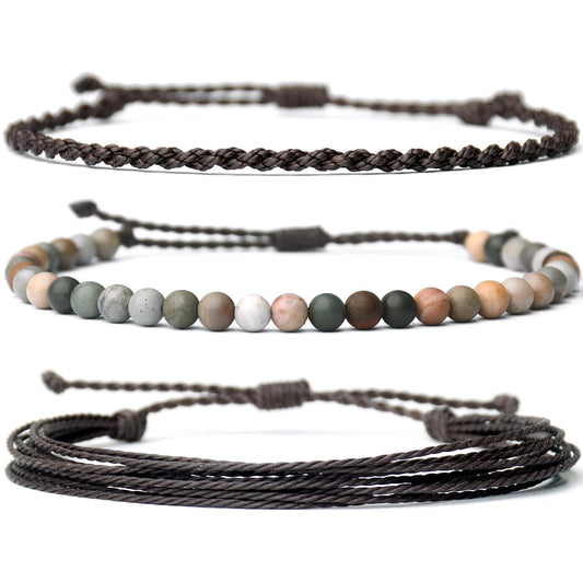 Handmade Natural Stone Beaded Healing Bracelet Gift for Men Adjustable Rope String Bracelet (Blue Picasso/Matte, Adjustable)
