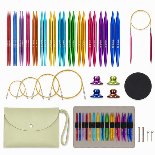 13 Pairs Aluminum Interchangeable Circular Knitting Needles Set, Size 3mm to 10mm, Smooth and Durable, for All Knitting Projects (Assorted Colors)