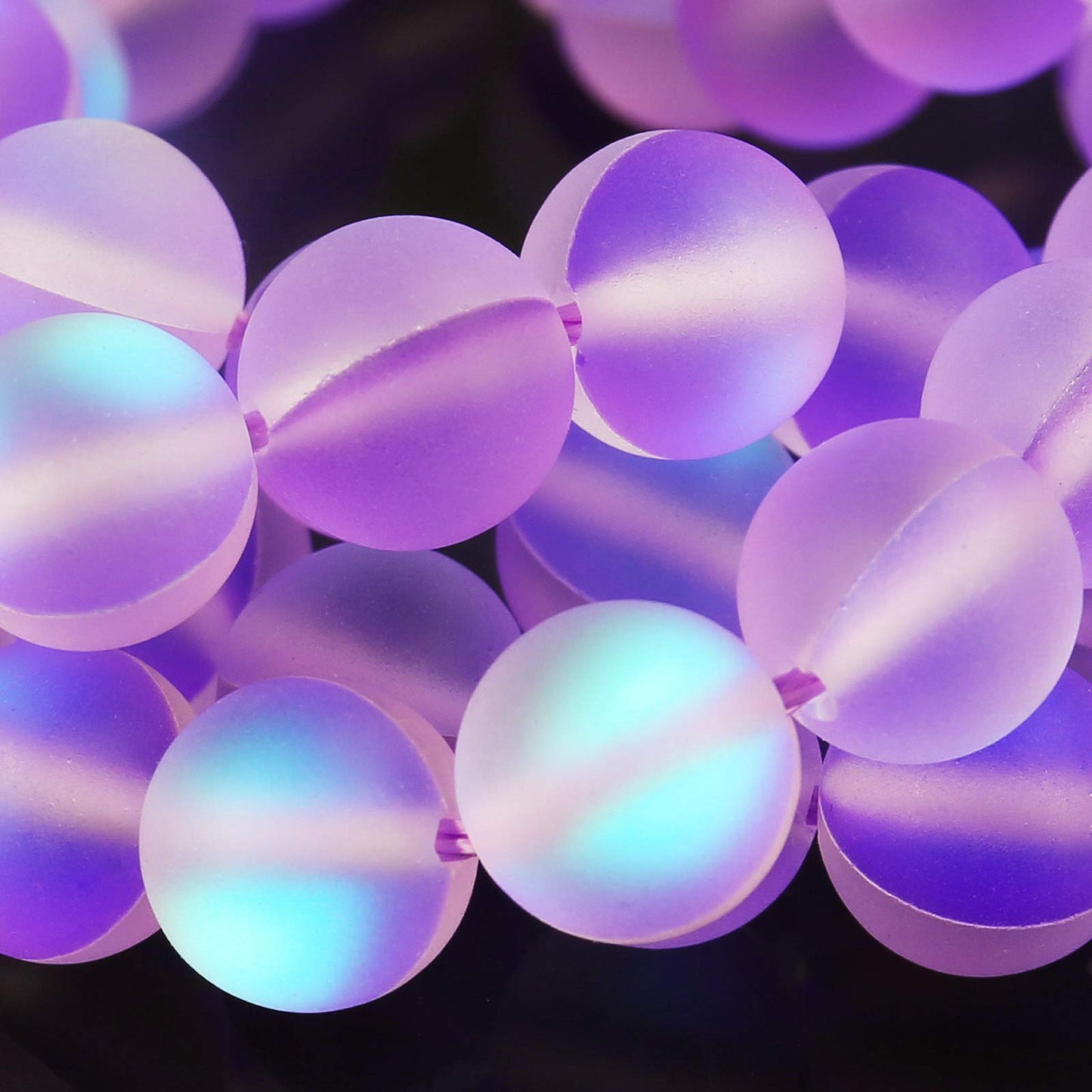 Matte Purple Aurora Crystal Glass Beads, 8MM Frosted Glitter Shining Mermaid Round Loose Beads, Rainbow Holographic Synthetic Moonstone for Jewelry Making DIY Bracelet