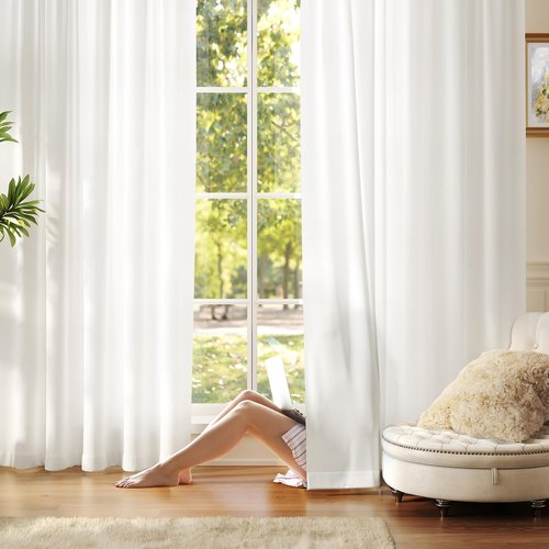 Anmao Non-See-Through Off White Privacy Semi Sheer Curtains for Living Room 84 Inch Length 2 Panels Set, Light Filtering that Let Light in Rod Pocket Window Drapes for Bedroom, 52W x 84L, Ivory White