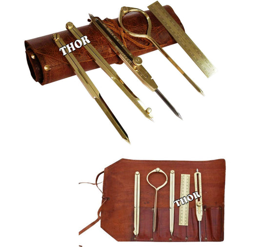 Set of 5 Brass Drafting Tool 8" Marine Navigational Proportional Divider Compass W/Leather Case Rustic Vintage Home Decor Gifts