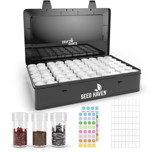 Seed Organizer Storage Box, Black Opaque Light Proof Seed Bank with 60 Transparent Bottles & Labels, Seed Holder Packet Organizer, Seed Vault Container for Homesteaders, Garden Tackle and Bead Sorter