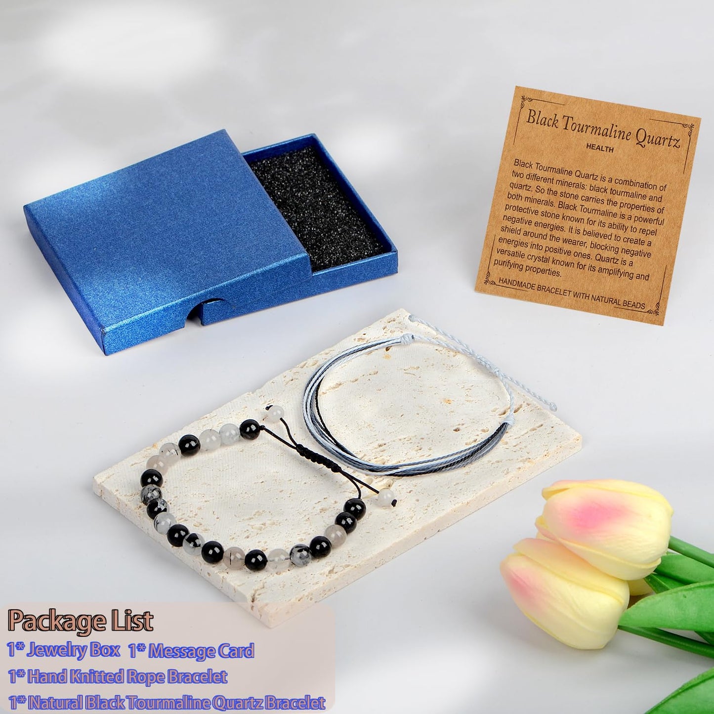 LPBeads 8mm Black Rutilated Bracelet with Handmade Rope Bracelet Size Adjustable Natural Stone Crystal Healing Bracelets Gifts for Unisex Adults
