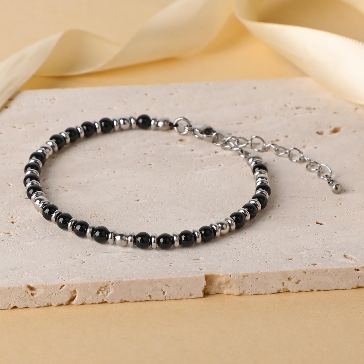4mm Black Onyx Tiny Beaded Bracelets For Women, Energy Gem Charm Jewelry Adjustable Bracelet Gifts for Mom, Daughter, Wife, Coworkers, Friends, Bestie
