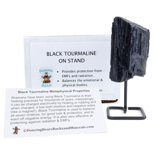 DANCING BEAR Black Tourmaline on Stand, Includes Information Card, Rough Raw Natural Stone for Good Vibes, Reiki Energy, Assembled in the USA