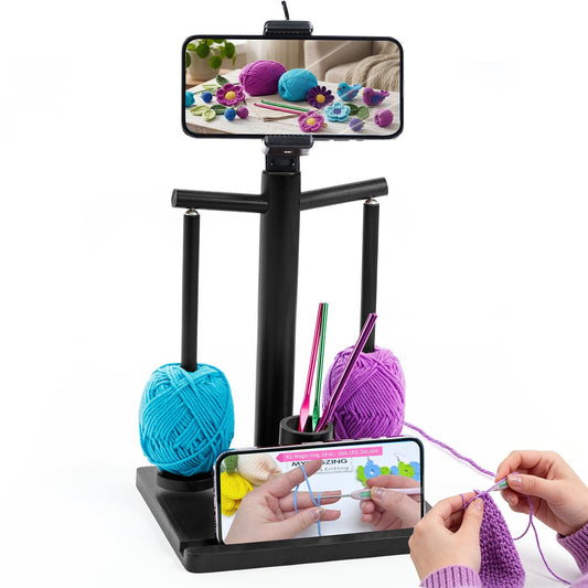 MYBAGZING 2-Spindle Wooden Yarn Holder, 360° Magnetic Yarn Spinner for Crocheting & Knitting, Tangle-Free Yarn Stand with Phone Holder & Built-in Storage, Fits Multiple Yarn Types & Sizes
