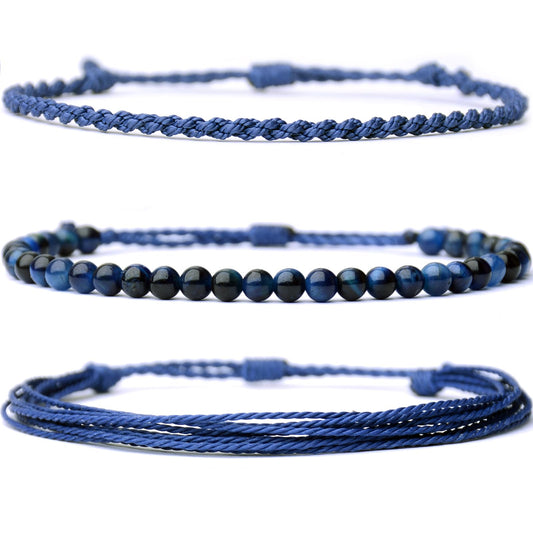 Handmade Natural Stone Beaded Healing Bracelet Gift for Men Adjustable Rope String Bracelet (Tiger Eye（BLUE）, Adjustable)