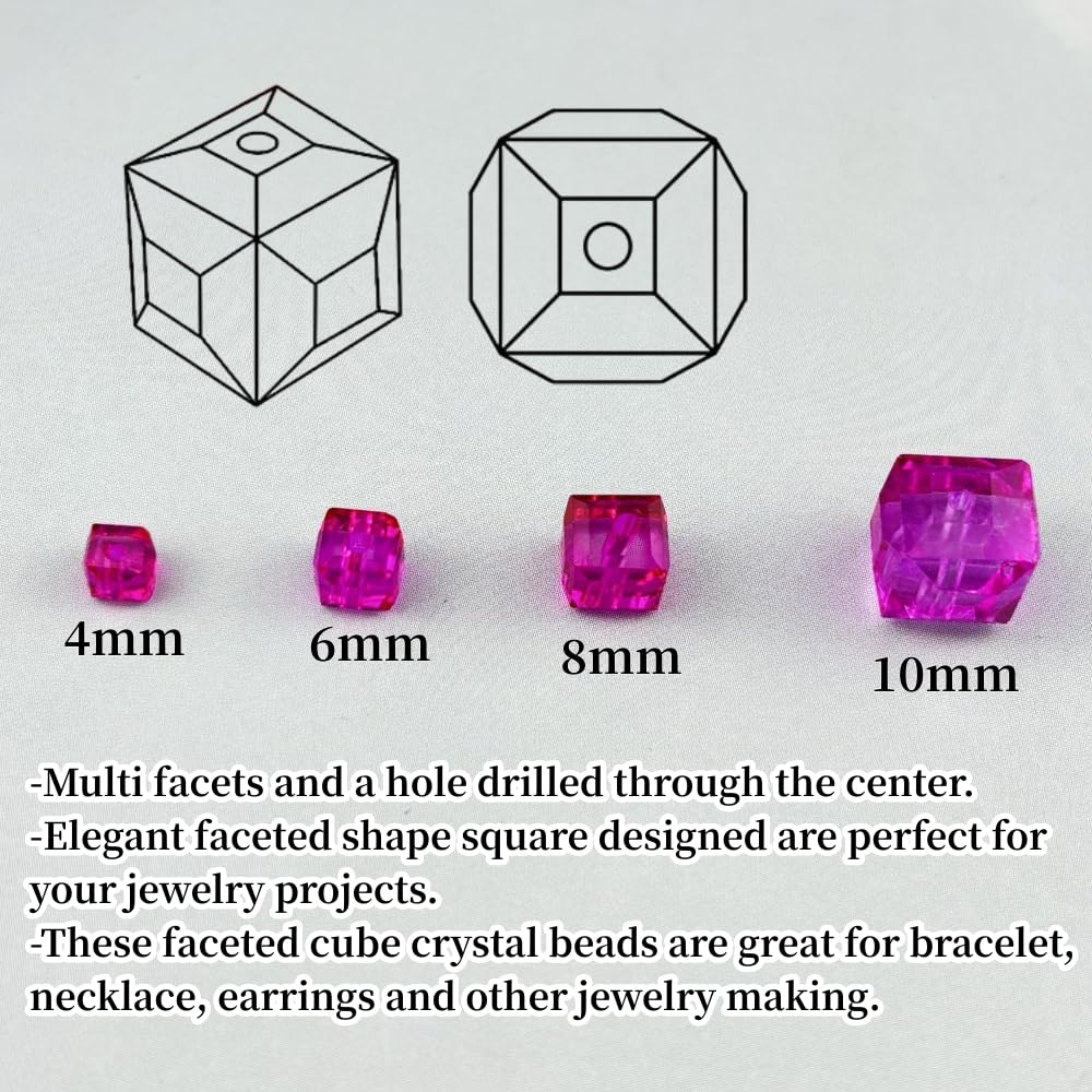 YUEXIGO 100pcs 6mm Cube Crystal Glass Beads for Jewelry Making Faceted Square Crystal Glass Bead Spacer Beads Loose Beads for Bracelet Earring Necklace DIY Craft(Rose Red)