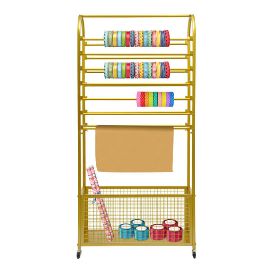 JOMCYDM Black Double-Sided Vertical Ribbon Holder Organizer Rack with Wheels 15 Rod Metal Ribbon Storage Organizer Rack for Fabric Craft Room Wrapping Paper (Gold)