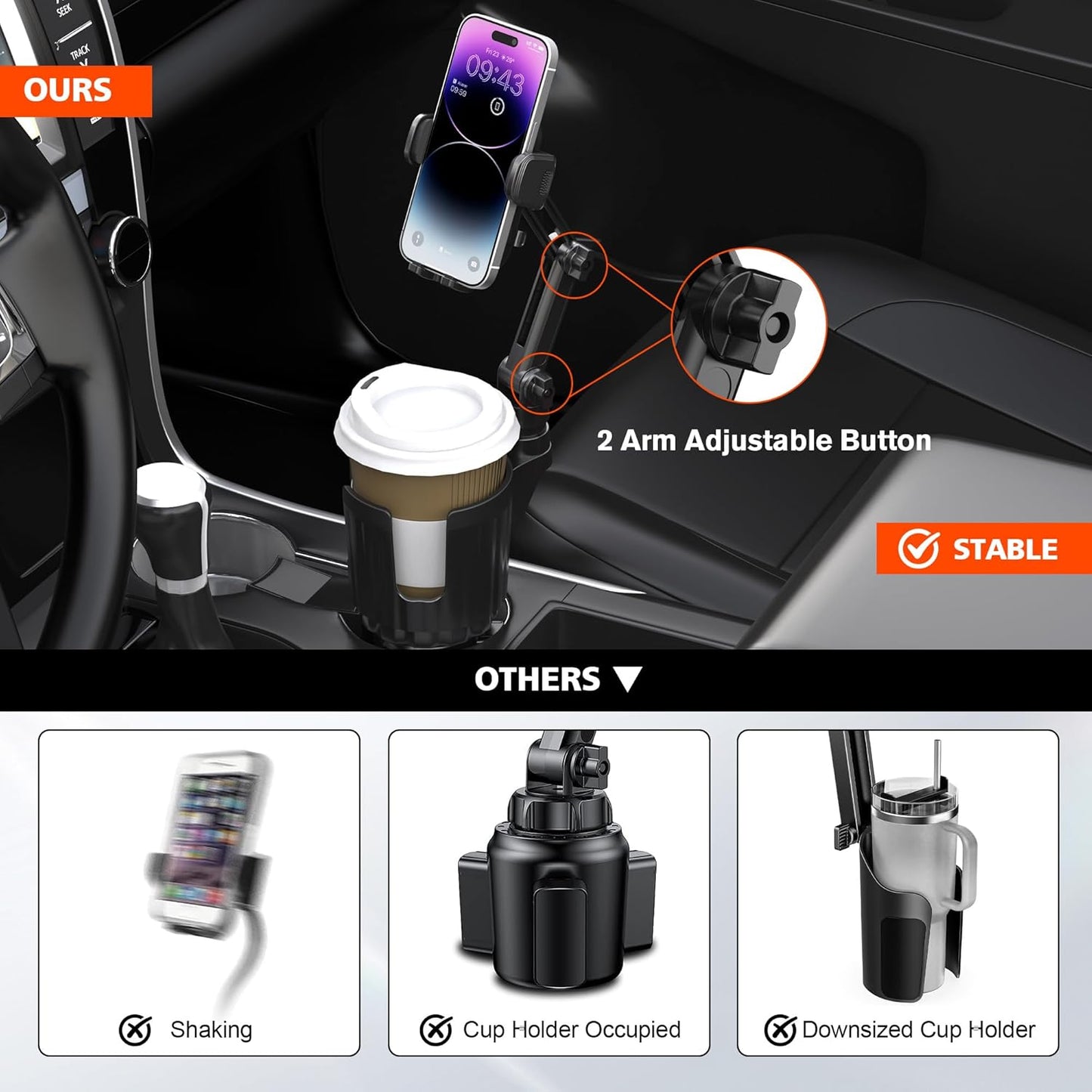 2 1 360 4-7 Newlest in Phone Mount for Car Cup Holder with Adjustable Base, Holders for Car Cupholder, No Shaking