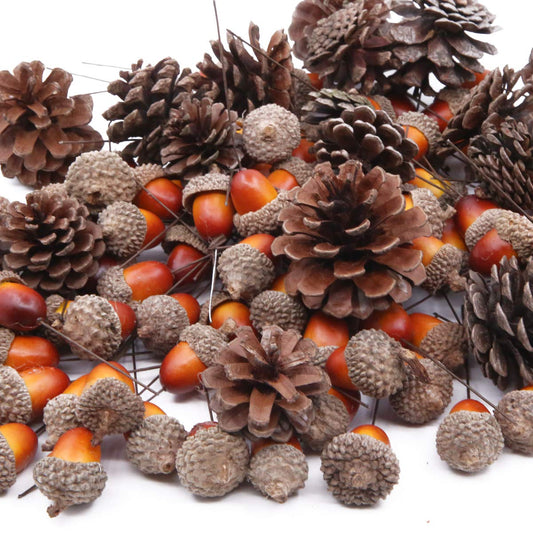 Apol Total 120 Pcs Artificial Acorns and Natural Pinecones Ornament Set for Home House Christmas Decoration Photo Props