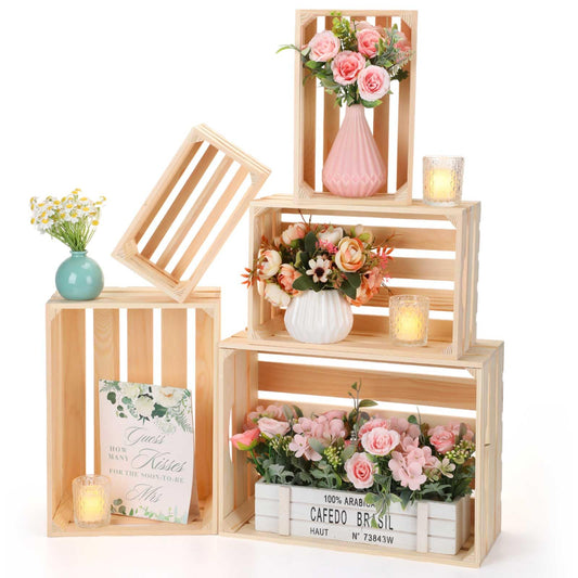 Soaoo 5 Pcs Decorative Nesting Wooden Crates for Storage Display 5 Size Large Small Rustic Wood Decorative Storage Crates with Handle Farmhouse Crate Box Container Made from Pine(Natural Color)