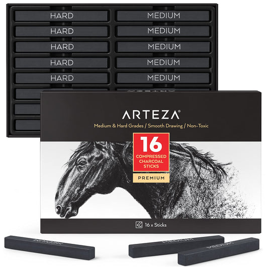 ARTEZA Compressed Charcoal Sticks Set of 16 – Medium and Hard Drawing Crayons for Sketching, Shading, Line Work in Charcoal Art and Figure Drawing
