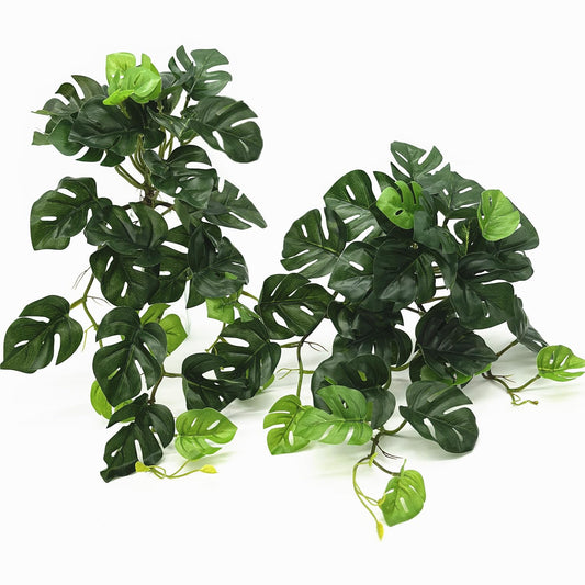 Artificial Monstera Fake Potted Plants Small Palm Hanging Vine Fake Tropical Plant Ivy Faux Greenery for Home Decor Indoor Outdoor Garden Pot Shelf Living Room Office Party DIY Decoration Green 2 Pack