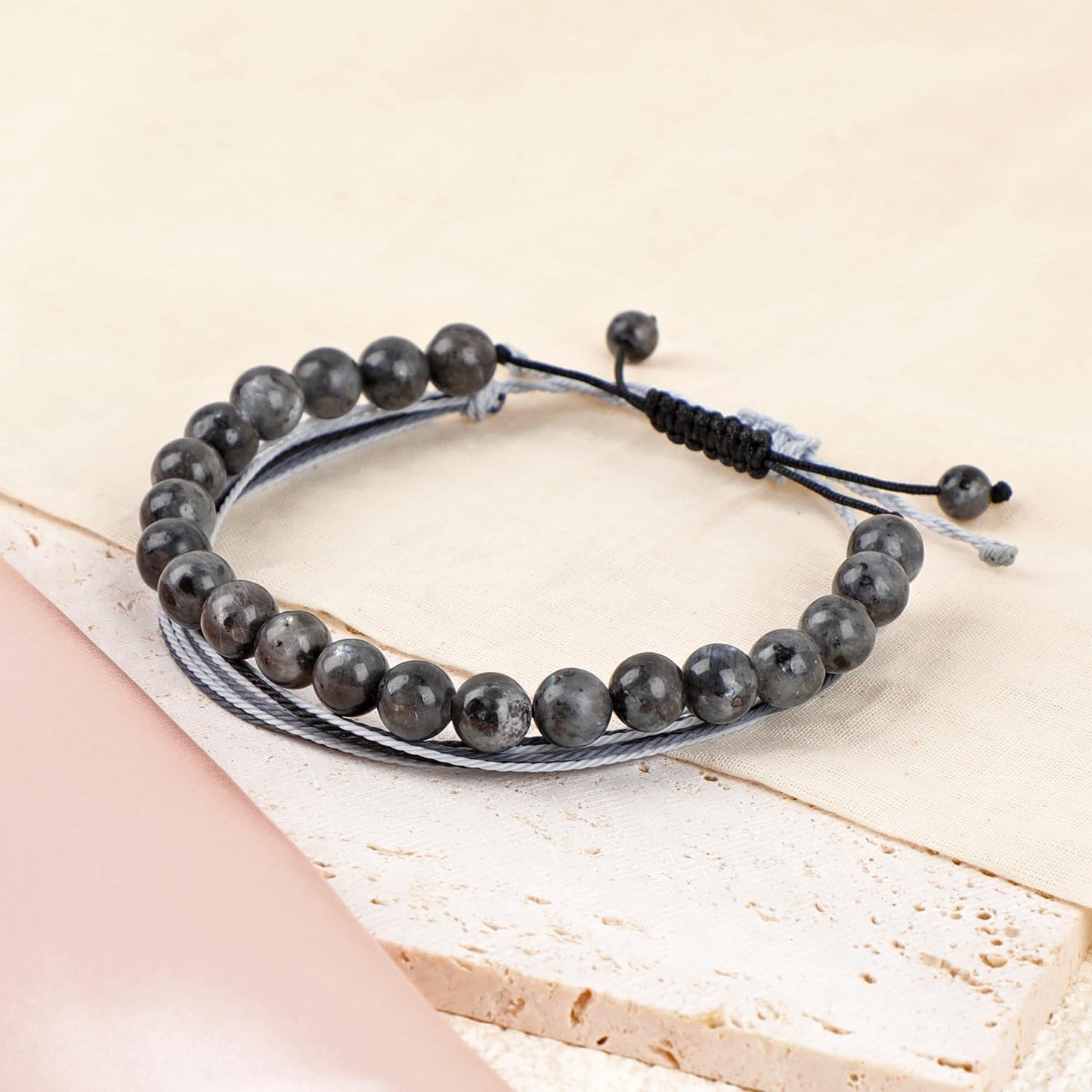 LPBeads 8mm Larvikite Bracelet with Handmade Rope Bracelet Size Adjustable Natural Stone Crystal Healing Bracelets Gifts for Unisex Adults