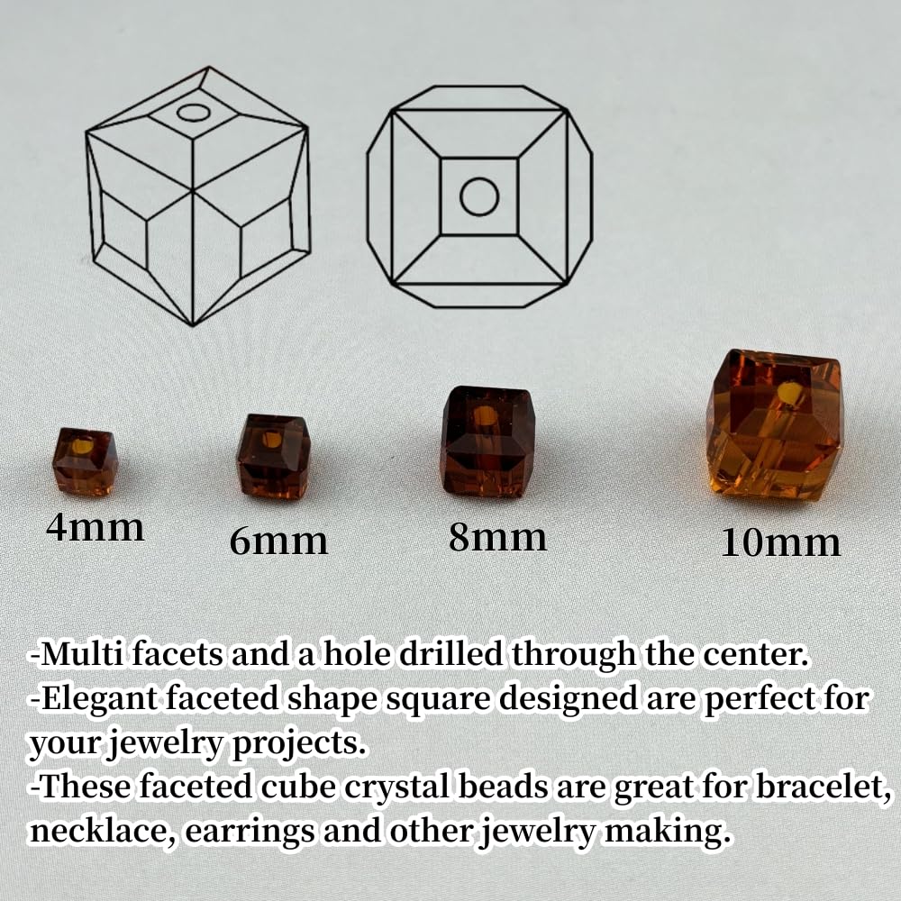 YUEXIGO 200pcs 4mm Cube Crystal Glass Beads for Jewelry Making Faceted Square Crystal Glass Bead Spacer Beads Loose Beads for Bracelet Earring Necklace DIY Craft(Dark Amber)