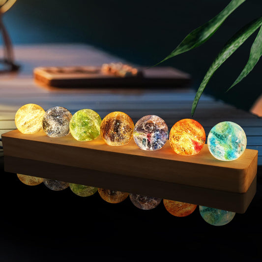 LOSCHEN 7 Chakra Natural Healing Spheres with LED Wooden Stand 40mm Crystal Quartz Stones for Meditation Energy Balancing Decor, Yoga Zen Home Office Desk Ornament