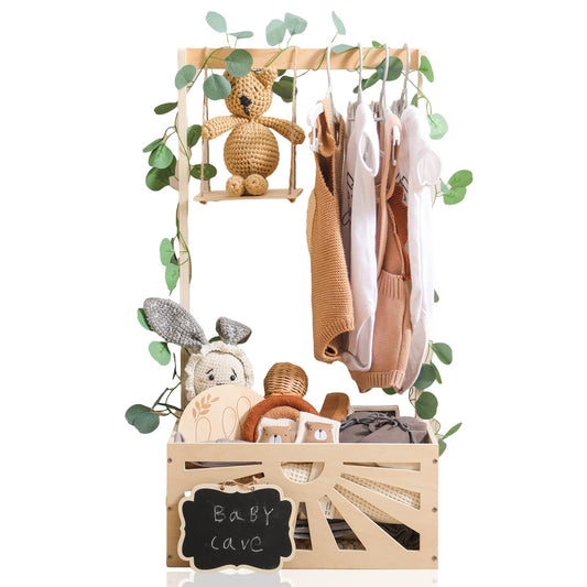 8 In 1 Wooden Baby Shower Crate Closet, Baby Basket with Handle Footprint Kit for Baby Shower Gifts, Baby Shower Wooden Gift Crate, Baby Personailzed Basket for Pregnancy New Parent