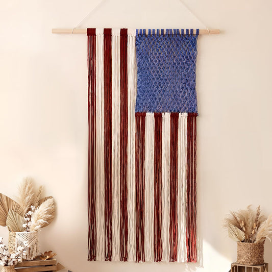 Moukeren Macrame American Flag Wall Hanging 4th of July Patriotic Woven Tapestry Vintage Boho Red White Blue Flag Decor for Independence Day 250th Anniversary Party Decoration, 2.3 x 4 ft