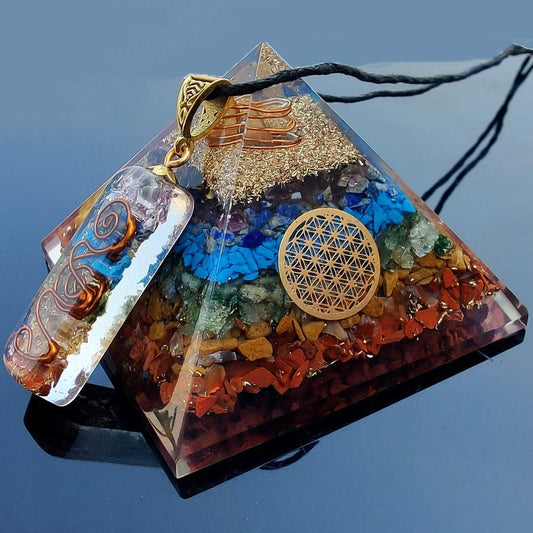 Real Crystal Chakra Pyramid - Seven Chakra Pyramid - Orgonite Pyramid for Energy Healing - Orgonite Kit - Protection with Seven Chakra Orgonite Necklace