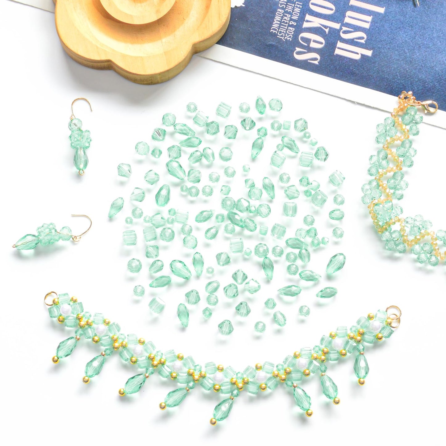Laopottbeads 1500 Pcs Crystal Glass Beads for Jewelry Making – 12 Styles Bicone, Rondelle, Cube, Teardrop & 3mm Spacer Beads, DIY Bracelet Necklace Earring Craft Kit(Peppermint Green)