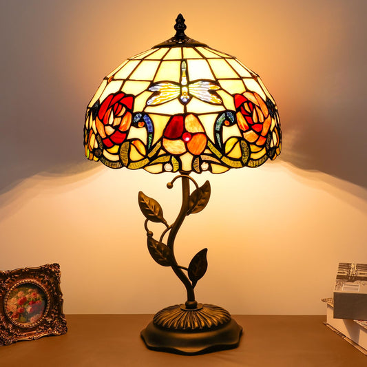 FILIUTF Stained Glass Table Lamp, Adjustable 3 Color Temperature, Dragonfly Rose Style Lampshade & Metal Leaf Antique Base Desk Reading Light 12X12X19 Inches Decor for Bedroom Living Room Office