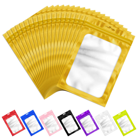100 PCS Resealable Mylar Bags with Frosted Clear Window Smell Proof Packaging Bags Foil Pouch Zip Bag for Food Self Sealing Storage Supplies Treat Bag (Golden, 4.72x7.1)