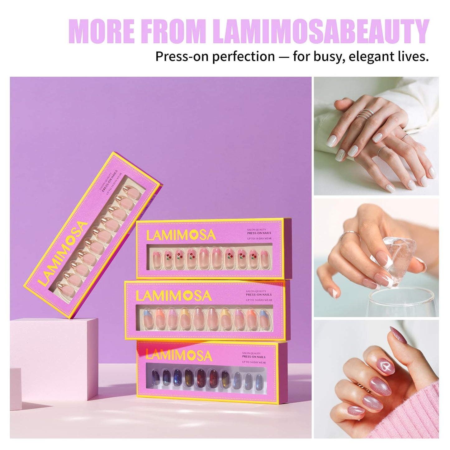 LAMIMOSA 32Pcs Chrome Press On Nails Short Almond - Soft Gel Fake Nails in 16 Sizes, Reusable Glue on Nails with Shimmery Effect, GLAZED DREAM