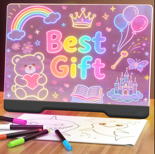 Rechargeable Led Drawing Board for Kids,Acrylic Transparent LED Note Board with Colors,Neon Light Up Message Sign,Glow Doodle Pad with Markers,Sketchbook,Great Gift Birthday Christmas(NVB004-Black)