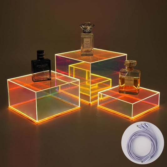 Prismatic Iridescent Display Risers with Plug and Play LED Lights, 3pc-6" 7" 8" Stackable Lighted Cube Box for Figures Jewelry Perfume Purse, Neon Acrylic Display Stands, Rainbow Food Buffet Riser