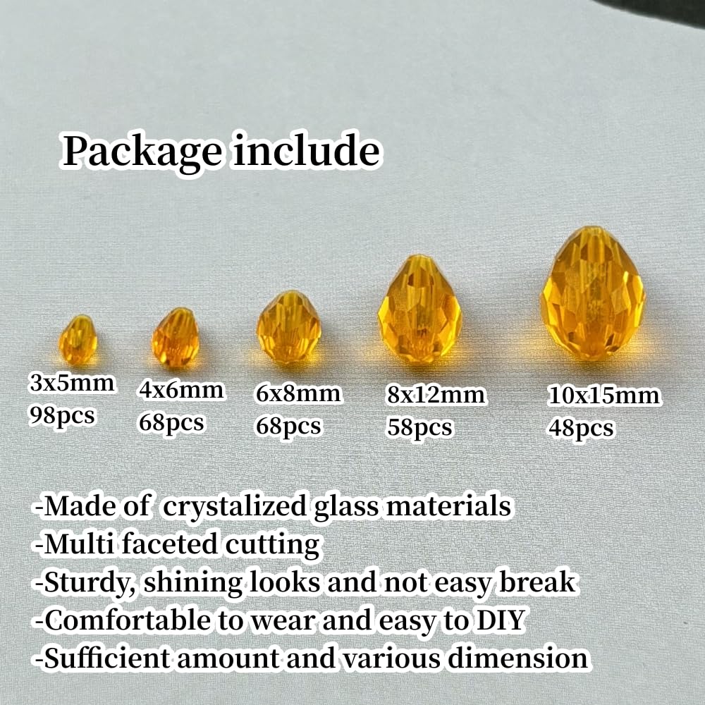 Xinhongo 340pcs Teardrop Crystal Glass Beads 3x5mm 4x6mm 6x8mm 8x12mm 10x15mm Vertical Hole Faceted Glass Spacer Beads for Necklace Bracelet Earrings DIY Jewelry Crafts(Orange)