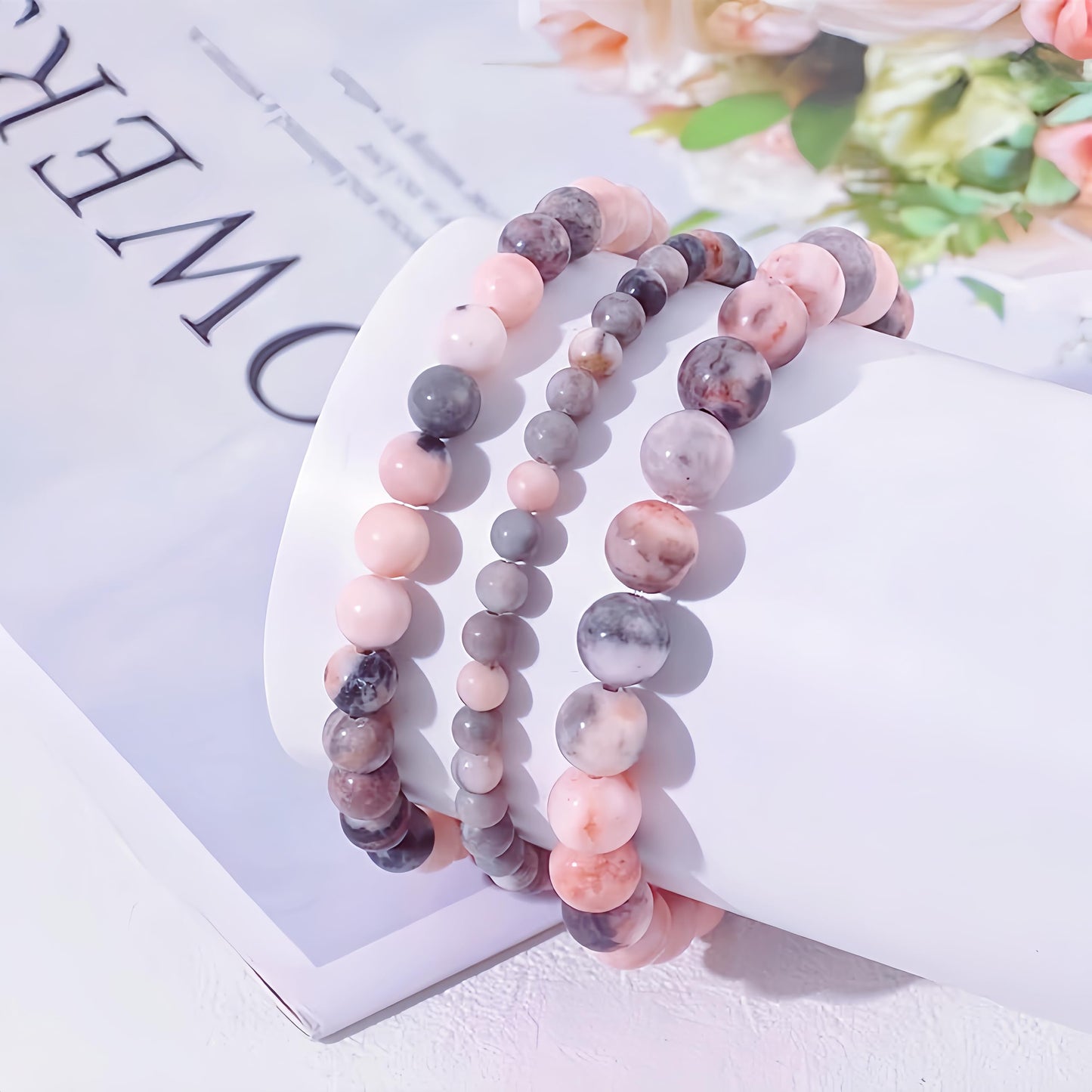 CINSKYING 3Pcs Healing Crystal Pink Zebra Jasper Bracelets for Women Men 8mm 6mm 4mm Natural Stone Beaded Stretch Bracelet Jewelry Gifts for Women Girl Teen for Mom Daugter (T5-Pink Zebra Jasper)