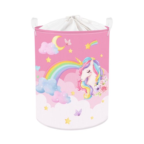 Clastyle 63L Unicorn Rainbow Collapsible Laundry Basket Large Pink Dirty Clothes Hamper for Girl Moon Star Flower Toy Storage Basket with Lid, 15.7x19.7 in