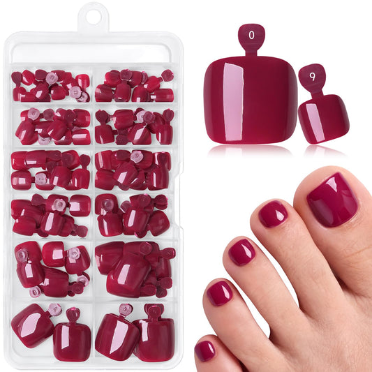 120pcs Burgundy Press on Toenails for Women,Short Square Fake Toe Nails,12 Sizes False Toenails with Nail Glue and Adhesive Tabs