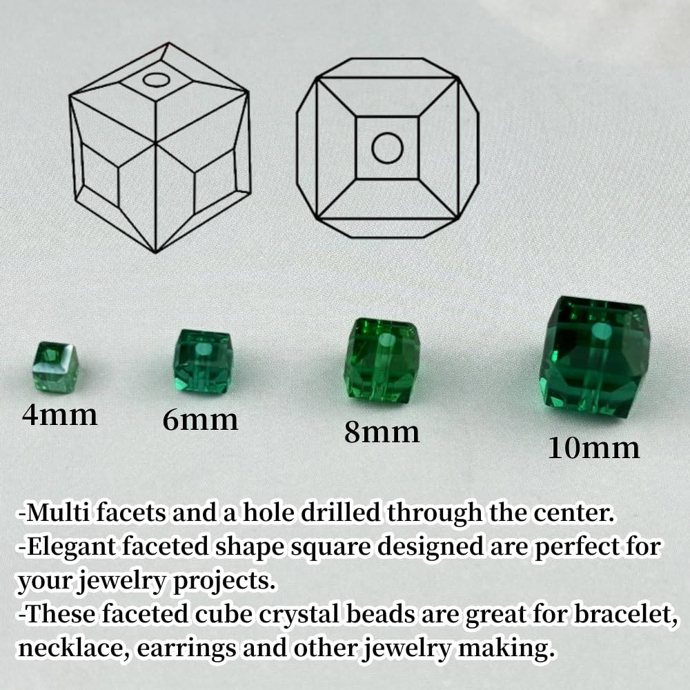 YUEXIGO 100pcs 6mm Cube Crystal Glass Beads for Jewelry Making Faceted Square Crystal Glass Bead Spacer Beads Loose Beads for Bracelet Earring Necklace DIY Craft(Peacock Green)