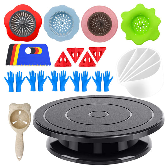 Angela&Alex 11” Rotate Turnable Sculpting Wheel with Acrylic Pouring Strainers Scraper Cone Painter Support Stands Gloves Painting Tools Unique Pattern Train Art Supplies