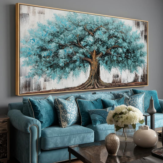 Wall Art Tree of Life Abstract Modern Artwork Blue Teal Tree Canvas Painting for Bedroom Living Room Office Large Decor 20"x40" with Framed