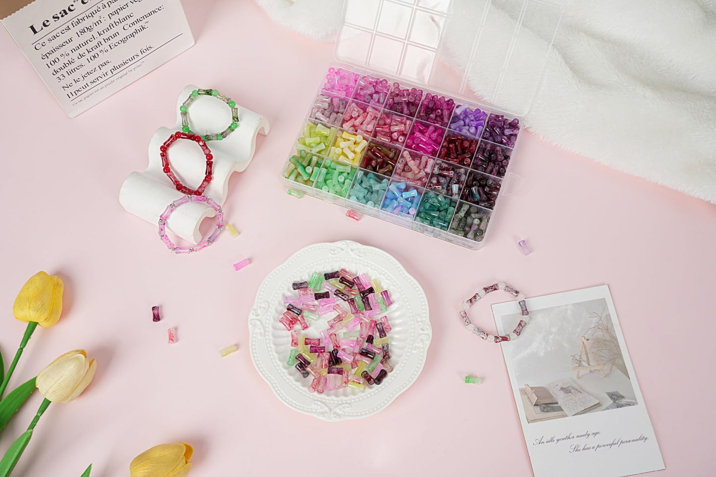 REVKI 6 * 12mm Glass Beads Bracelet Making Kit for Kids,600pcs 24 Colors Natural Bamboo Crystal Beads for Jewelry Making,Glass Beads for DIY Necklace Crafts