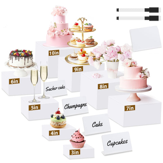 8Pcs Buffet Risers, Large Food Risers for Buffet Table, Acrylic Cube Boxes Display Nesting Risers with Hollow Bottoms, Dessert Cake Display Stand Riser Set for Party Jewelry Collectibles White (3",4",5",6",7",8",9",10")