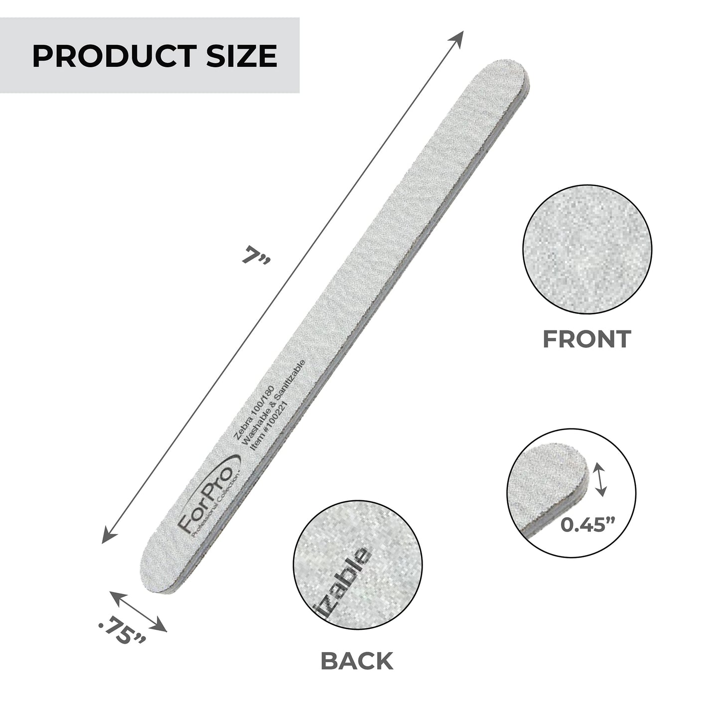 ForPro Professional Collection Zebra Foam Board, 100/180 Grit, Double-Sided Manicure Nail File, 7" L x .75" W 50-Count