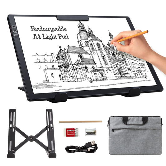 Rechargeable A4 Light Pad with Carry Bag & Stand,Ultra Thin Light Table with Clip,6 Levels of Brightness Light Box for tracing,Diamond Painting.led Light Board for Artists,Drawing,Sketching,Animation