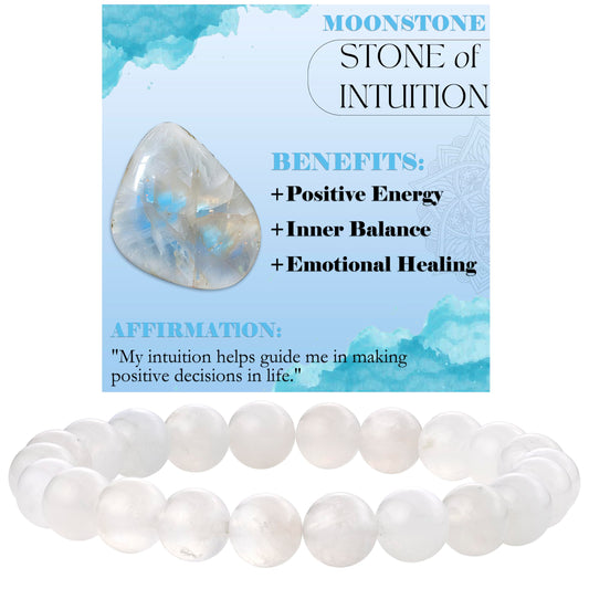 Moonstone - Intuition - 8mm Beaded Bracelets for Women Handmade Semi Precious Natural Stone Stretch Elastic Jewelry Yoga Protection Gifts