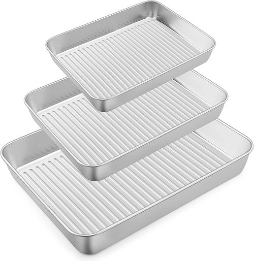 E-far Baking Pans Set of 3 | Stainless Steel Rectangle Sheet Cake Pans - 12.5/10.5/9.4 Inch, Non-Toxic & Dishwasher Safe