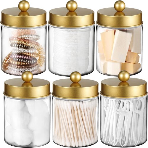 Amolliar Qtip Holder Dispenser - 8 oz Plastic Apothecary Jar for Vanity Makeup Storage - Gold Bathroom Canister Set