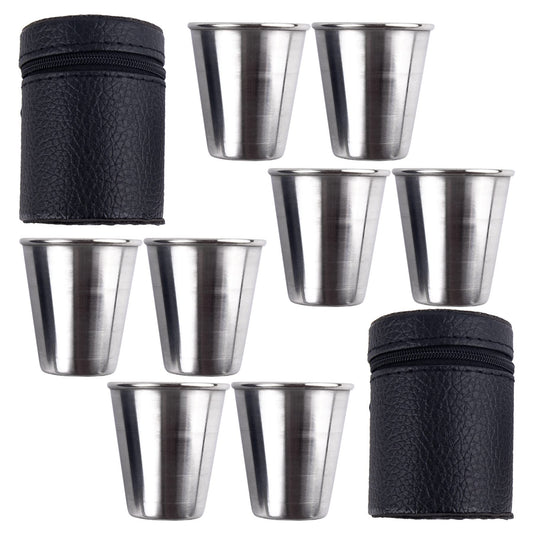 Framendino, 8 Pack 2 Ounce Stainless Steel Shot Cups with Leather Carry Cases Glass Drinking Tumbler