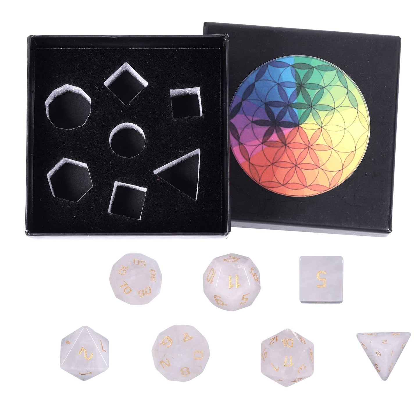 mookaitedecor 7 PCS Rock Quartz Crystal Polyhedral DND Dice Set, Polished Tumbled Stones Dices for RPG MTG Table Games Home Decoration
